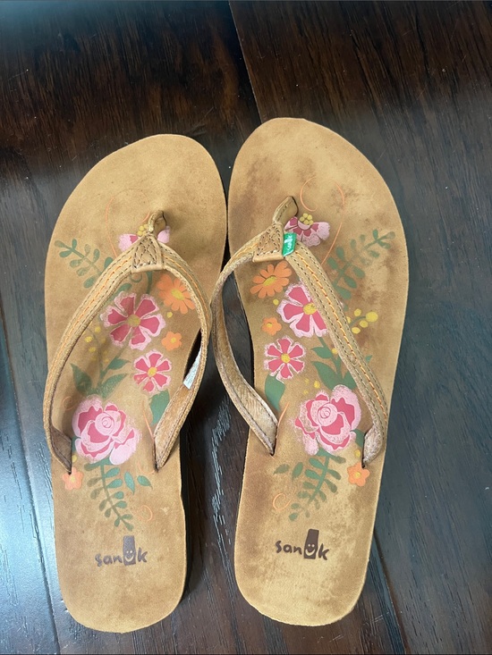 Sanuk Shoes - Sanuk Women's Tan Suede Floral Flip Flops with Pink Accents